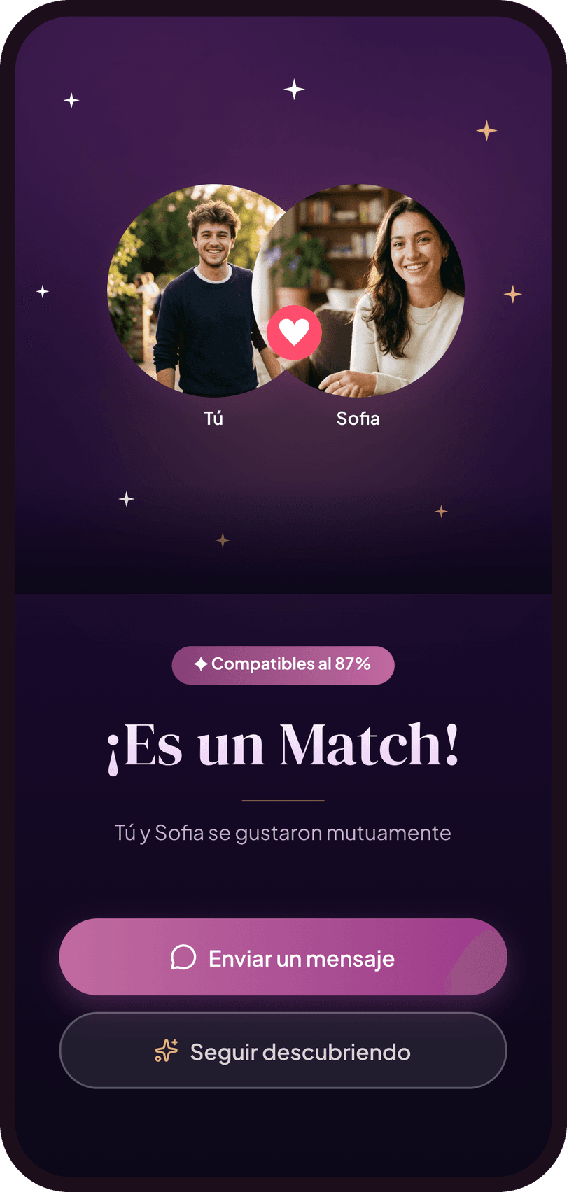 Shugar app - pantalla de match mutuo